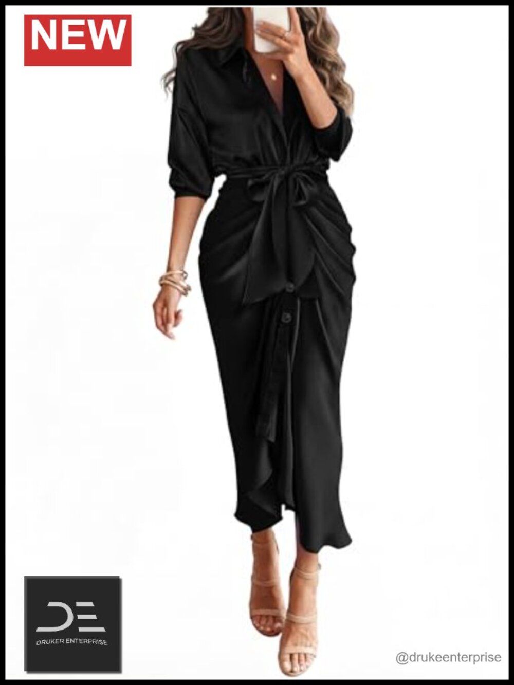 Women's Silk Satin Button Down Maxi Dress Long Sleeve Tie Waist